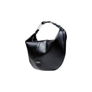 Armani Exchange black polyester handbag featuring a black leather hobo design with braided strap and silver hardware