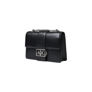 Armani Exchange black polyester shoulder bag for women with black leather, silver chain strap, and logo clasp