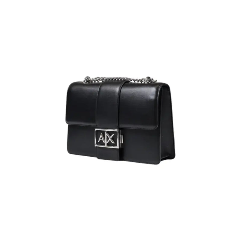 Armani Exchange black polyester shoulder bag for women with black leather, silver chain strap, and logo clasp