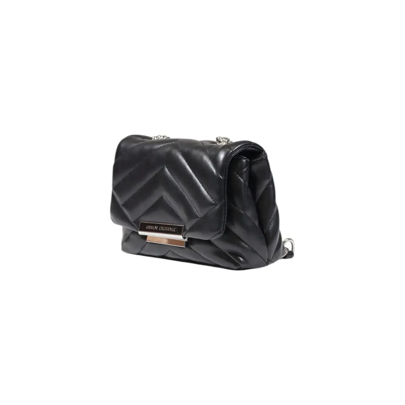 Armani Exchange black quilted leather shoulder bag with silver-tone hardware and rectangular metal plaque 14x20x8 cm