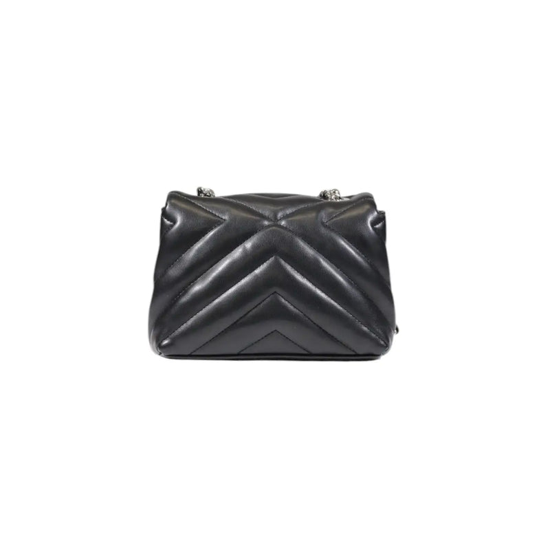 Armani Exchange black quilted leather handbag with chevron pattern and silver chain strap 14x20x8 cm