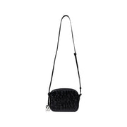 Armani Exchange black quilted leather crossbody bag for women with embossed logo and silver tone hardware