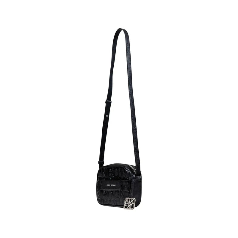 Armani Exchange black polyester crossbody bag for women with textured finish embossed logo and silver-tone clasp
