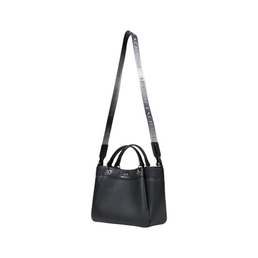 Armani Exchange black textured leather handbag with contrasting silver-striped shoulder strap featuring repeating text