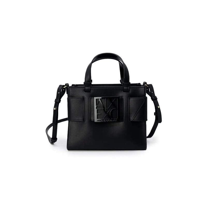 Armani Exchange black polyurethane handbag with prominent metallic logo plaque and adjustable shoulder strap