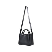 Armani Exchange black textured leather handbag with contrasting silver-striped shoulder strap featuring repeating text