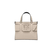 Armani Exchange Beige Lederhandtasche mit schwarzen Henkeln und Axt-Logo-Plakette
