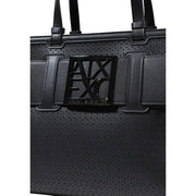 Armani Exchange black perforated leather tote bag with bold glossy black logo plaque and zip pocket