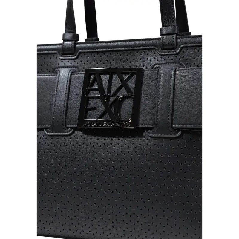 Armani Exchange black perforated leather tote bag with bold glossy black logo plaque and zip pocket
