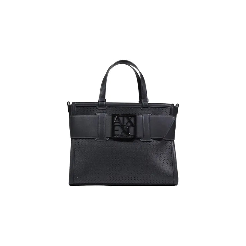 Armani Exchange black polyurethane handbag with perforated leather, bold logo buckle, and structured top handles