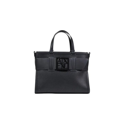 Armani Exchange black polyurethane handbag with perforated leather, bold logo buckle, and structured top handles