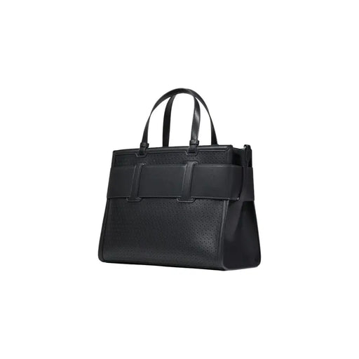Armani Exchange black polyurethane handbag with zip pocket featuring perforated detailing and structured design