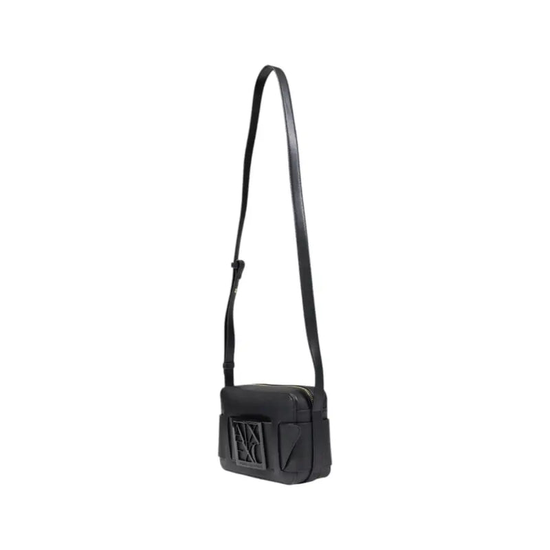 Armani Exchange black leather crossbody bag with structured rectangular shape and embossed logo on the front