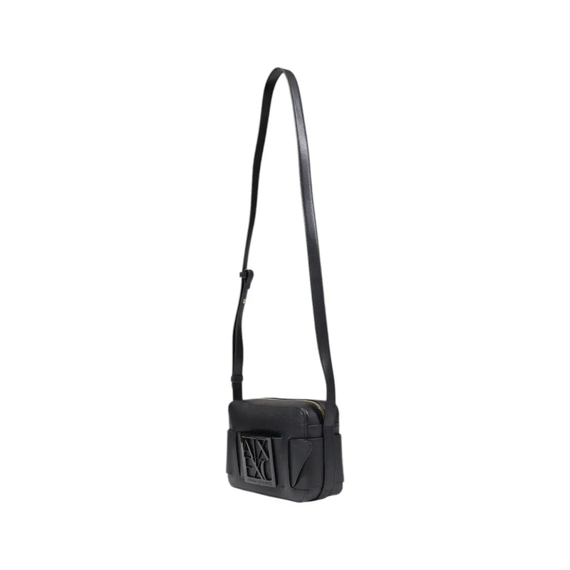 Armani Exchange black leather crossbody bag with structured rectangular shape and embossed logo on the front