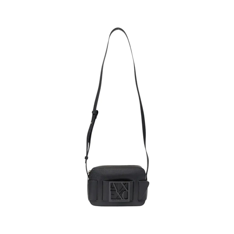 Armani Exchange black polyurethane crossbody bag for women with a prominent embossed logo on the front