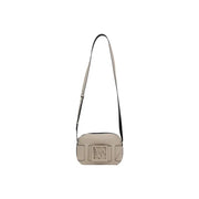 Armani Exchange Beigefarbene Leder-Umhängetasche mit schwarzem Riemen