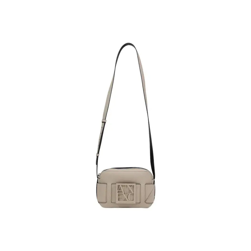 Armani Exchange Beigefarbene Leder-Umhängetasche mit schwarzem Riemen