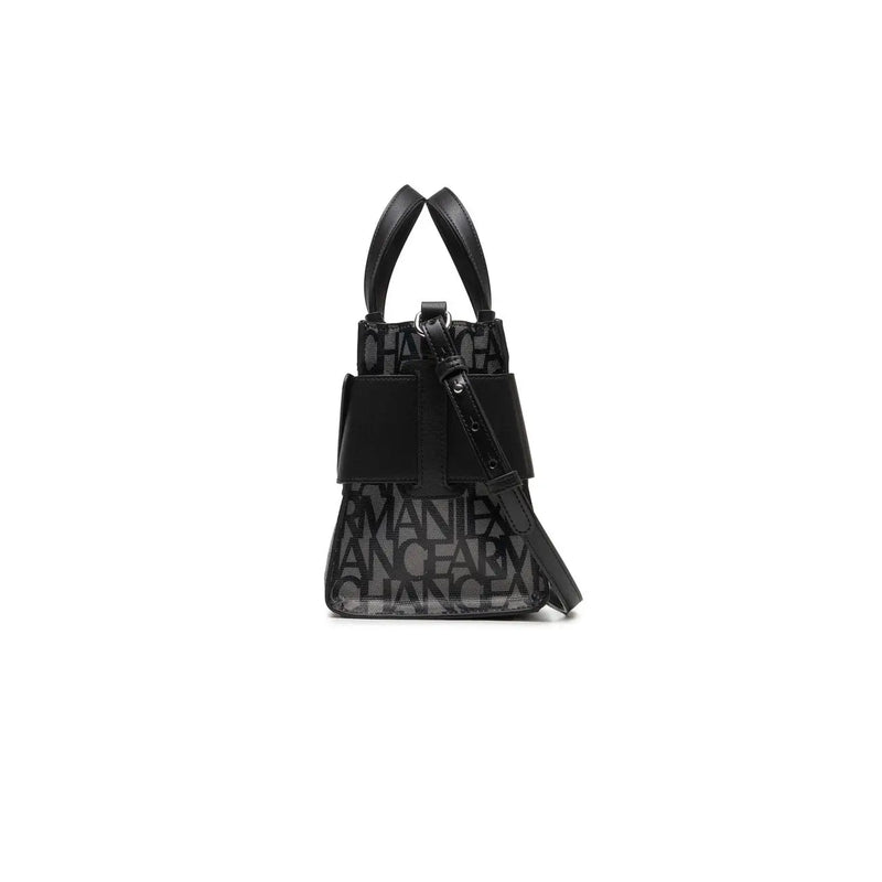 Armani Exchange black polyurethane handbag with bold mania logo print on transparent panel and structured top handles
