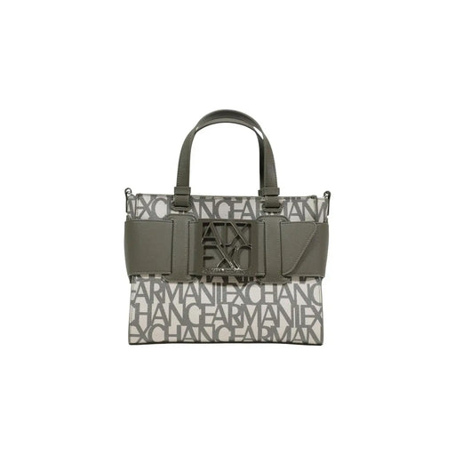 Armani Exchange black print tote with olive green handles and buckle