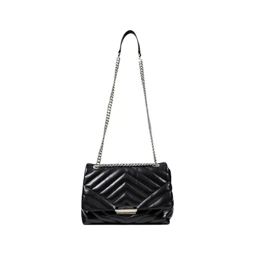 Armani Exchange black quilted leather shoulder bag with silver chain strap button and pockets for everyday use
