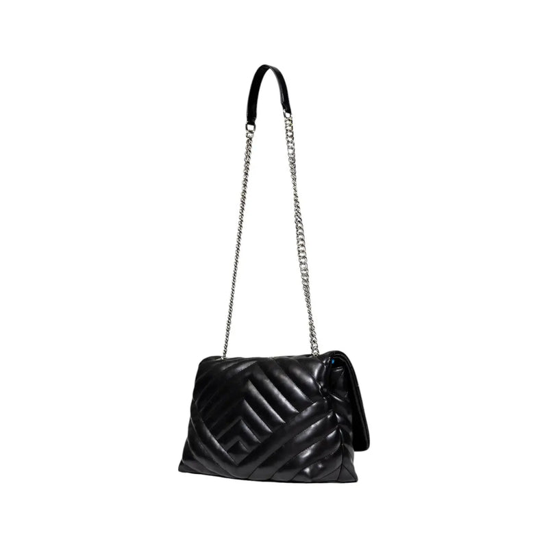 Armani exchange black quilted leather crossbody bag with silver chain strap and button pockets for shoulder use