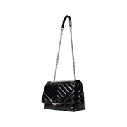 Armani Exchange black quilted leather shoulder bag with silver chain strap button and pockets visible