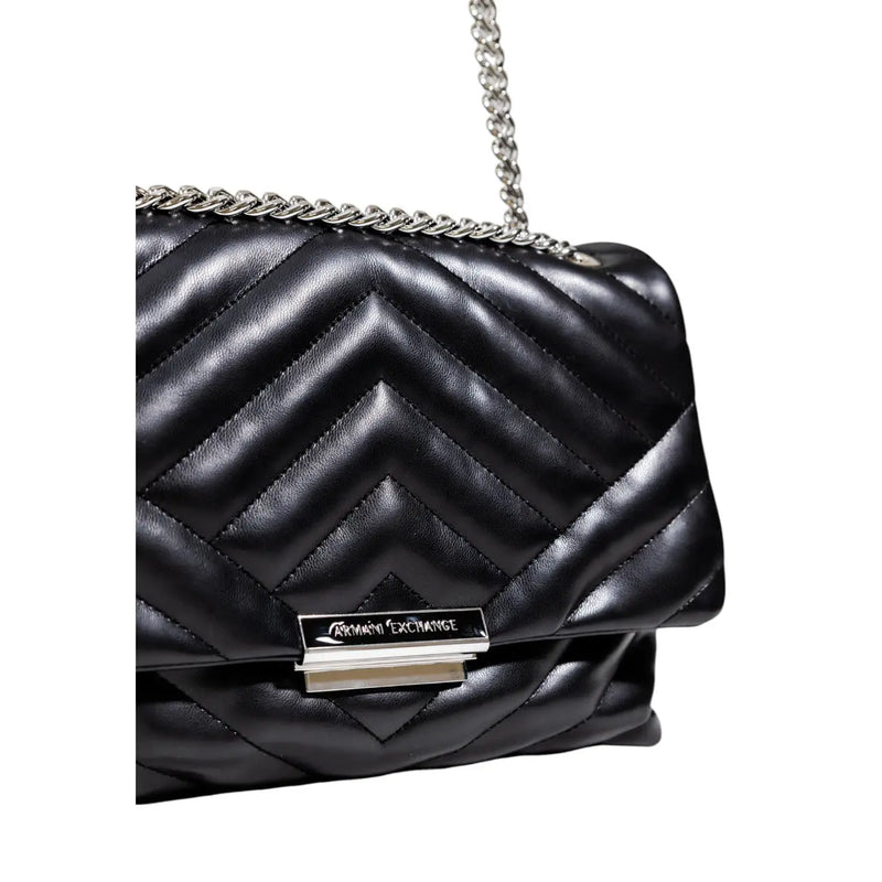 Armani Exchange black quilted leather shoulder bag with silver chain strap and metallic clasp logo featuring button pockets