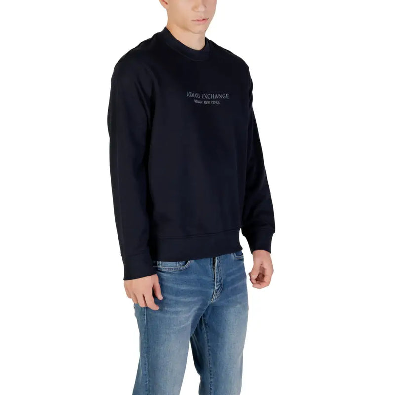 Men’s navy blue Armani Exchange crewneck sweatshirt with long sleeves and 100% cotton fabric