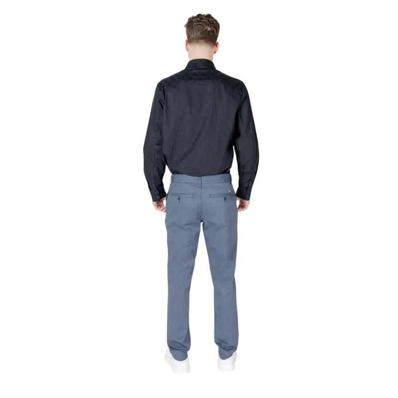 Armani Exchange blue slim-fit cotton blend chino trousers with subtle texture and two front pockets for spring summer