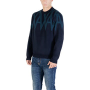 Armani Exchange blue print wool blend knit sweater in dark navy with bold teal geometric pattern across chest and shoulders