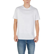 Male model wearing Armani Exchange blue printed cotton T shirt and blue jeans