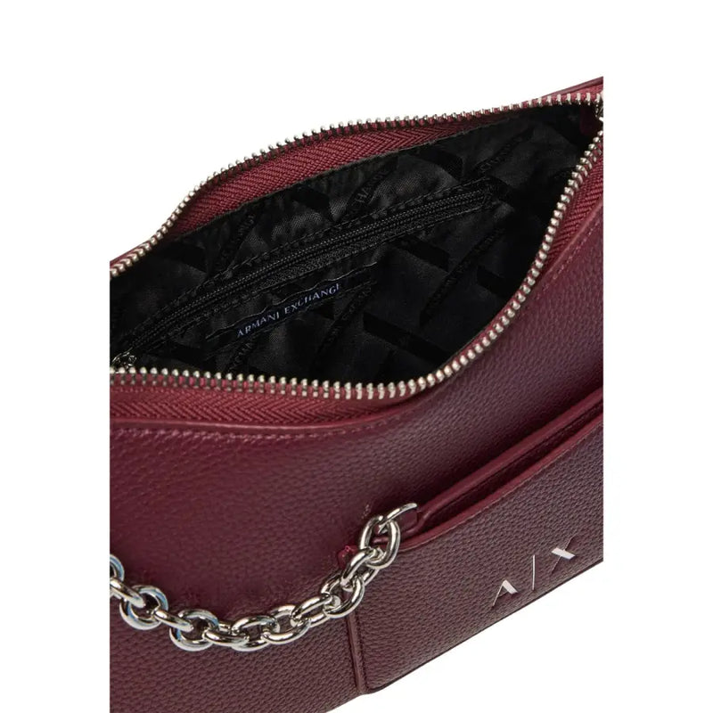 Armani Exchange bordeaux zip handbag maroon textured leather crossbody bag with silver chain strap and interior zippers