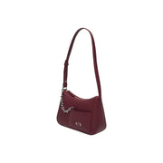 Armani Exchange Bordeaux zip handbag featuring burgundy textured leather with silver chain and ax logo on front pocket