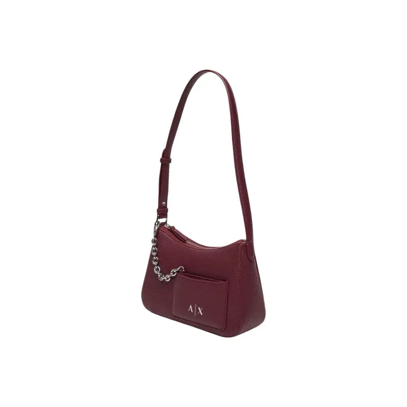 Armani Exchange Bordeaux zip handbag featuring burgundy textured leather with silver chain and ax logo on front pocket
