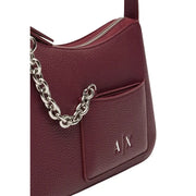 Armani Exchange bordeaux zip handbag with pockets featuring maroon textured leather and silver chain strap with ax logo