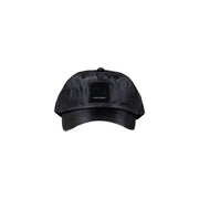 Armani Exchange Schwarze Herrenkappe aus Satin mit mattschwarzem, quadratischem Logo-Patch, Vorderansicht