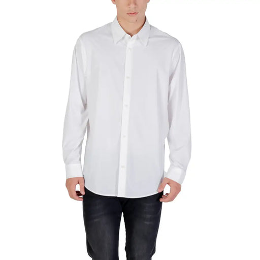 Armani Exchange classic white long sleeve men’s shirt with a button-down front, classic collar, and cuffs