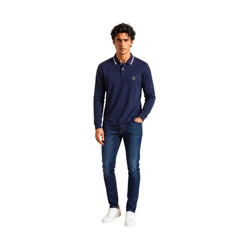 Armani Exchange Baumwollpolohemd für Herren in Marineblau mit weiß-grauem Kragenbesatz und rundem Logo, Vorderansicht