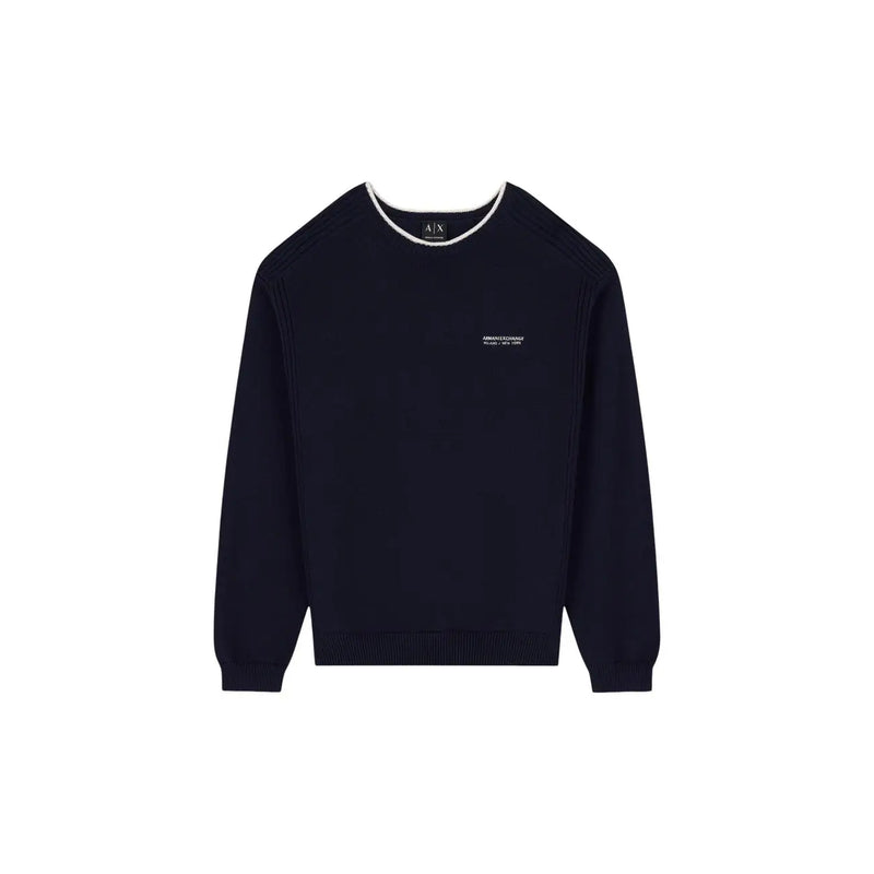 Armani Exchange Baumwollpullover für Herren in Marineblau mit weißem Rippstrickbündchen und gesticktem Logo, Vorderansicht
