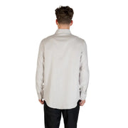Armani Exchange grey striped long sleeve cotton shirt featuring a crisp light gray fabric with subtle vertical pinstripes