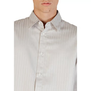 Armani Exchange grey striped long sleeve cotton shirt featuring crisp white button-down design with subtle vertical pinstripes
