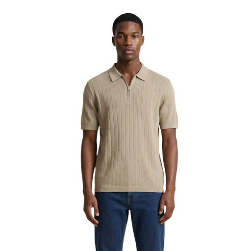 Armani Exchange men beige ribbed knit cotton polo shirt with half-zip collar XM002438 front view