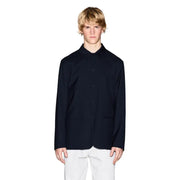 Marineblaues Button-Down-Hemd mit Stehkragen und zwei aufgesetzten Taschen, kombiniert mit armani exchange schwarzer klassischer Polyester-Blazer für Herren
