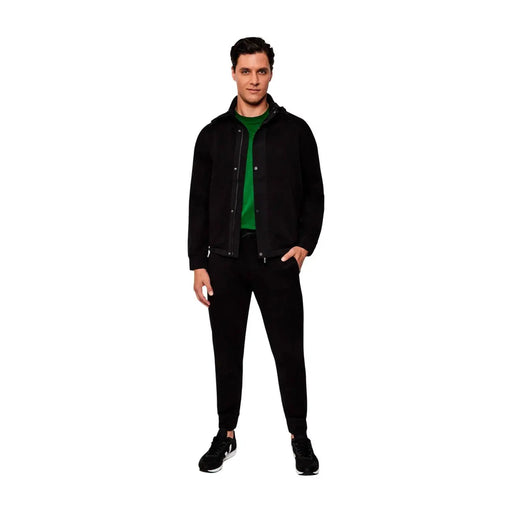 Schwarze Kapuzenjacke mit Knopfverschluss und grünem Innenfutter, das dazu passt Armani Exchange Herren-Rollkragenpullover aus schwarzem Baumwollmischgewebe