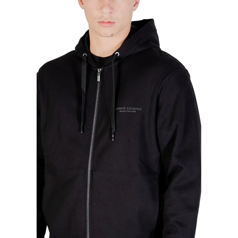 Armani Exchange Schwarzer Herren-Kapuzenpullover aus Baumwolle mit Reißverschluss vorne und dezentem, gesticktem Logo auf der Brust