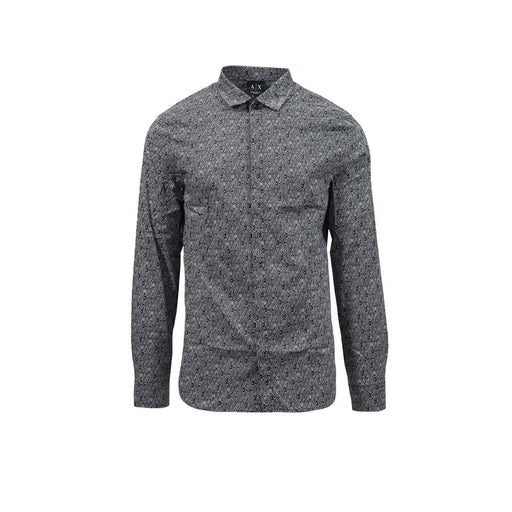 Armani Exchange Schwarzes Herrenhemd aus Baumwoll-Lycra mit dunkelgrauem geometrischem Muster, langen Ärmeln, klassischem Kragen und Knopfleiste