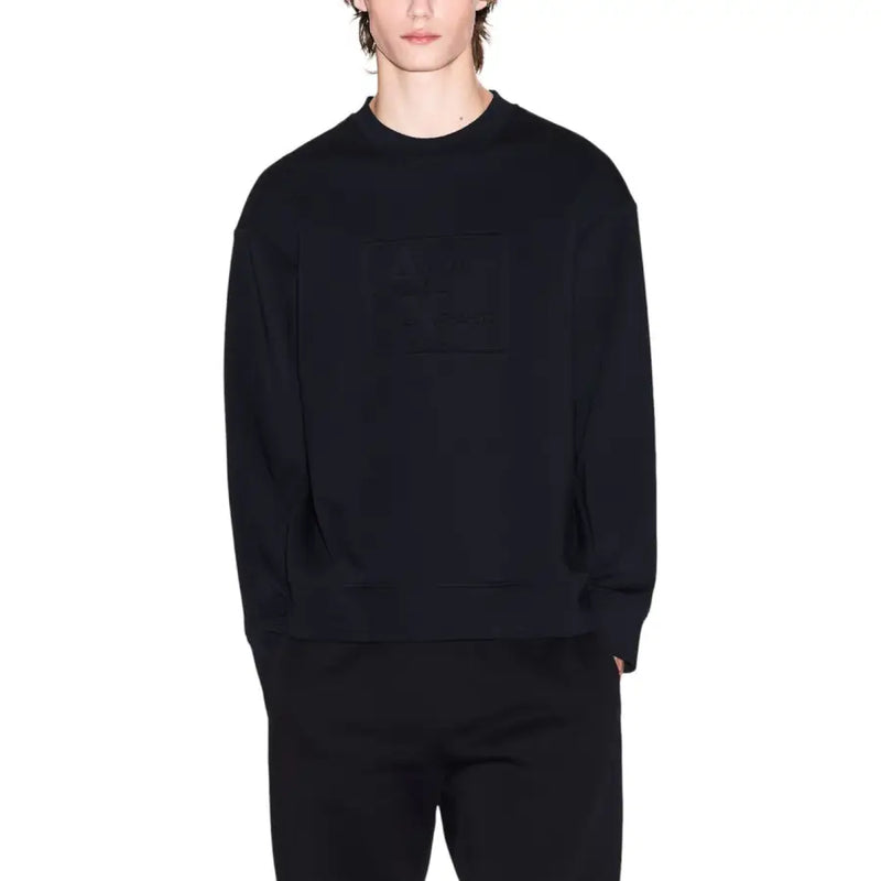 Armani Exchange Schwarzes Herren-Sweatshirt aus Baumwolle mit Rundhalsausschnitt und dezentem, strukturiertem Logo-Patch auf der Brust