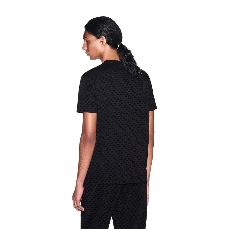 Armani Exchange Schwarzes Herren-T-Shirt aus Baumwolle mit dezentem, sich wiederholendem Muster und kurzen Ärmeln