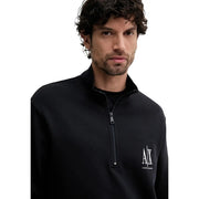 Armani Exchange Schwarzer Herren-Sweatshirt aus Baumwolle mit halbem Reißverschluss, weißem Logo auf der Brust und Rollkragen