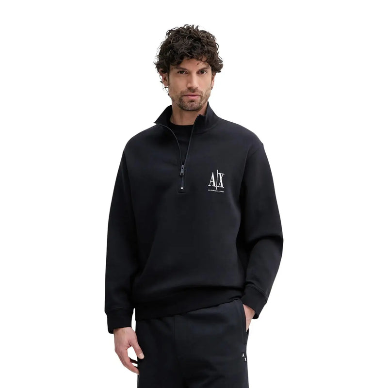 Armani Exchange Schwarzes Herren-Sweatshirt aus Baumwolle mit halbem Reißverschluss und weißem Logo auf der Brust, geeignet für die Freizeit.